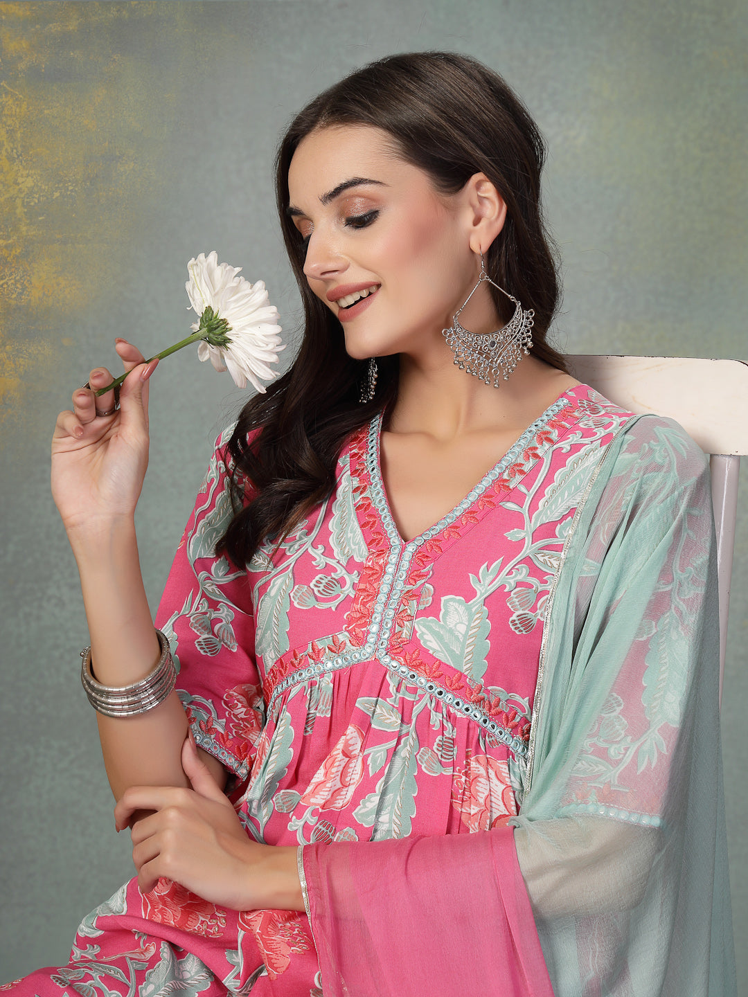 Pink Floral Printed & Embroidered Rayon Alia Cut Kurta Pant Dupatta Set - Image 2