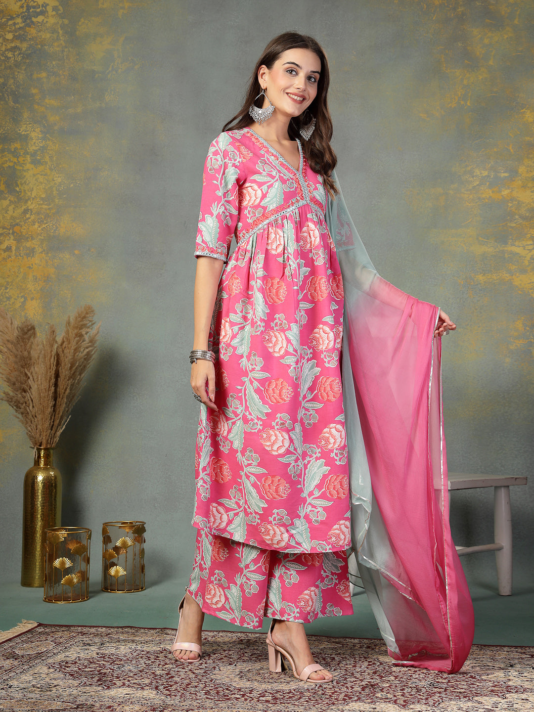 Pink Floral Printed & Embroidered Rayon Alia Cut Kurta Pant Dupatta Set - Image 3