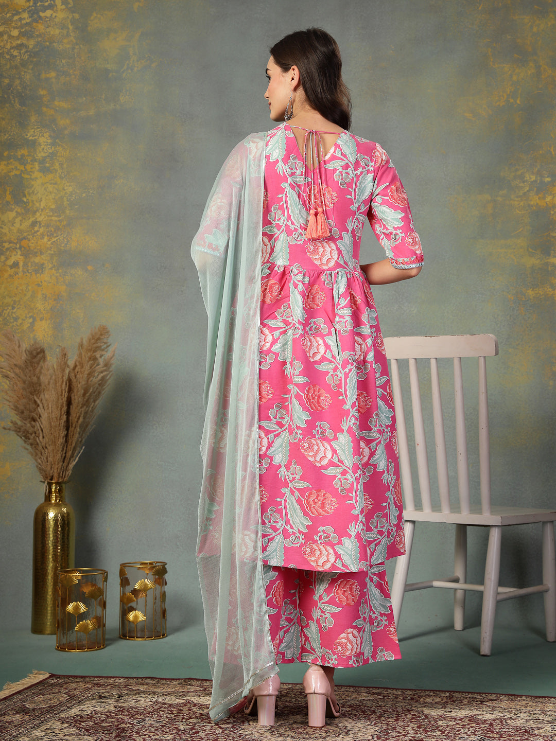 Pink Floral Printed & Embroidered Rayon Alia Cut Kurta Pant Dupatta Set - Image 4