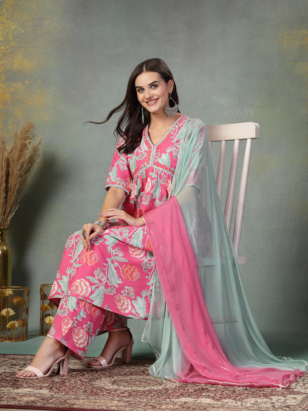 Pink Floral Printed & Embroidered Rayon Alia Cut Kurta Pant Dupatta Set - Image 5