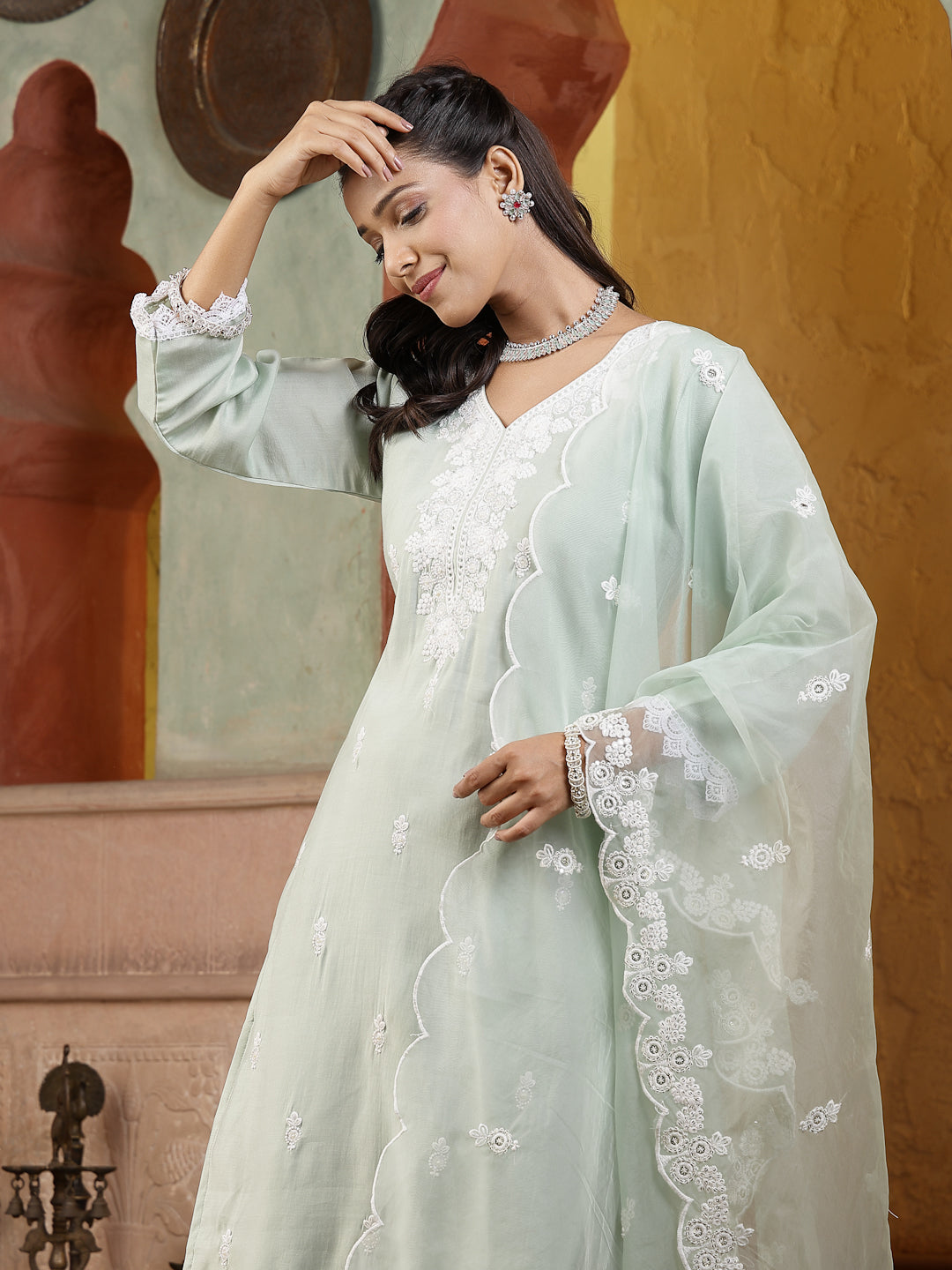 Pista Green Solid & Embroidered Silk Straight Kurta Pant Dupatta Set - Image 2