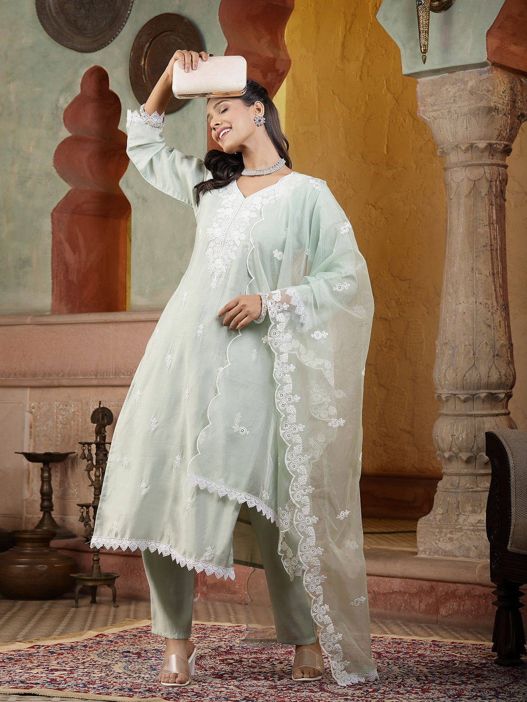 Pista Green Solid & Embroidered Silk Straight Kurta Pant Dupatta Set - Image 3