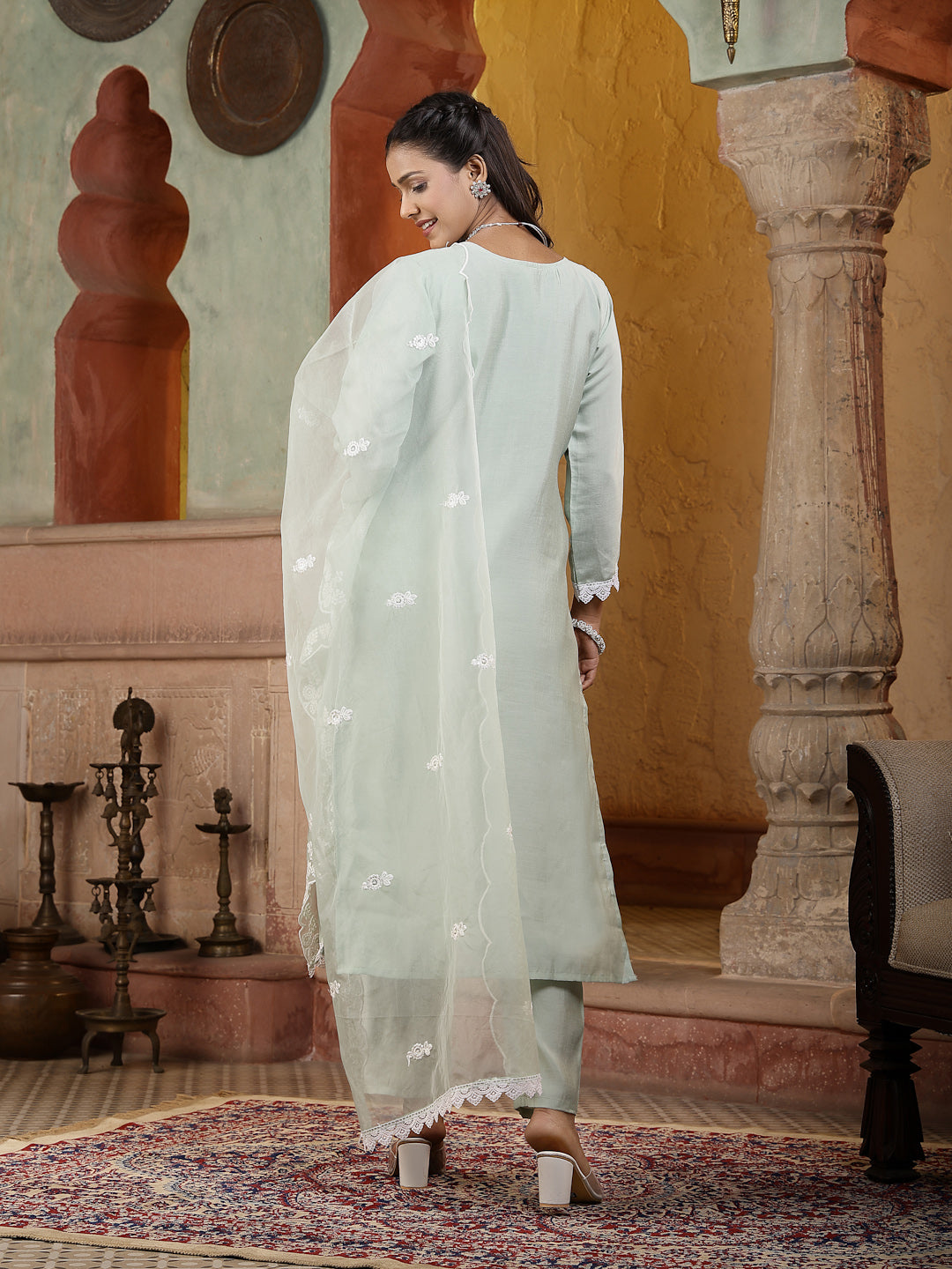 Pista Green Solid & Embroidered Silk Straight Kurta Pant Dupatta Set - Image 4