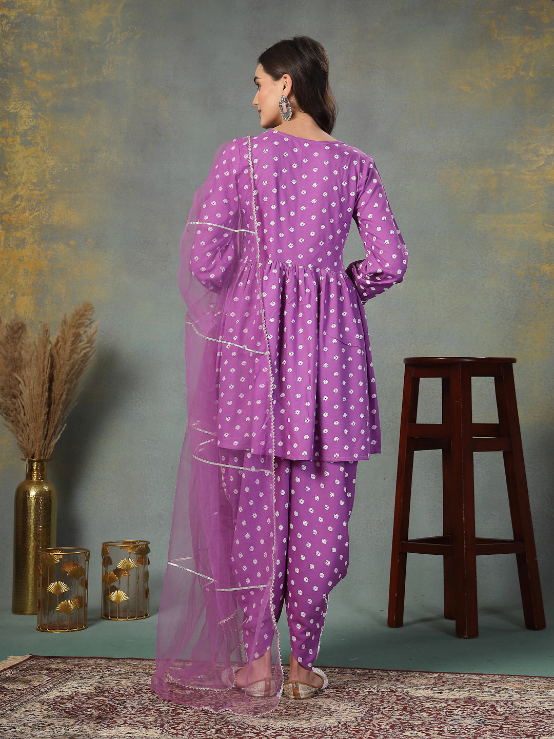 Purple Bandhani Printed & Embroidered Rayon Pleated Kurti with Dhoti Pant & Dupatta Set - Image 4