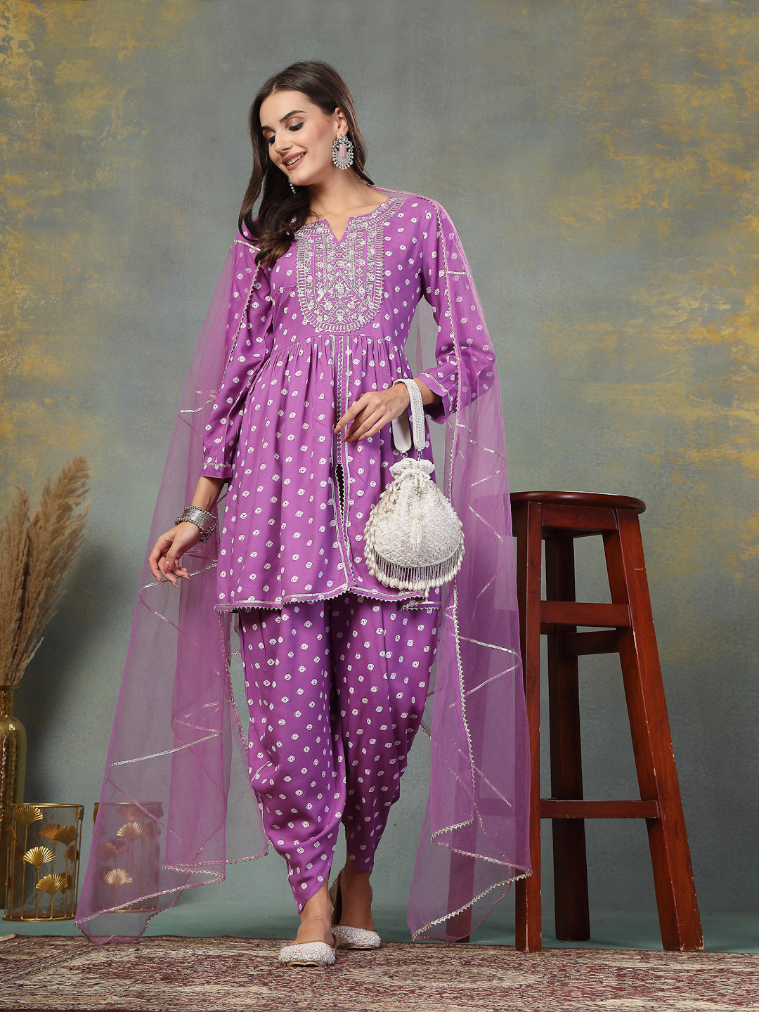 Purple Bandhani Printed & Embroidered Rayon Pleated Kurti with Dhoti Pant & Dupatta Set - Image 5