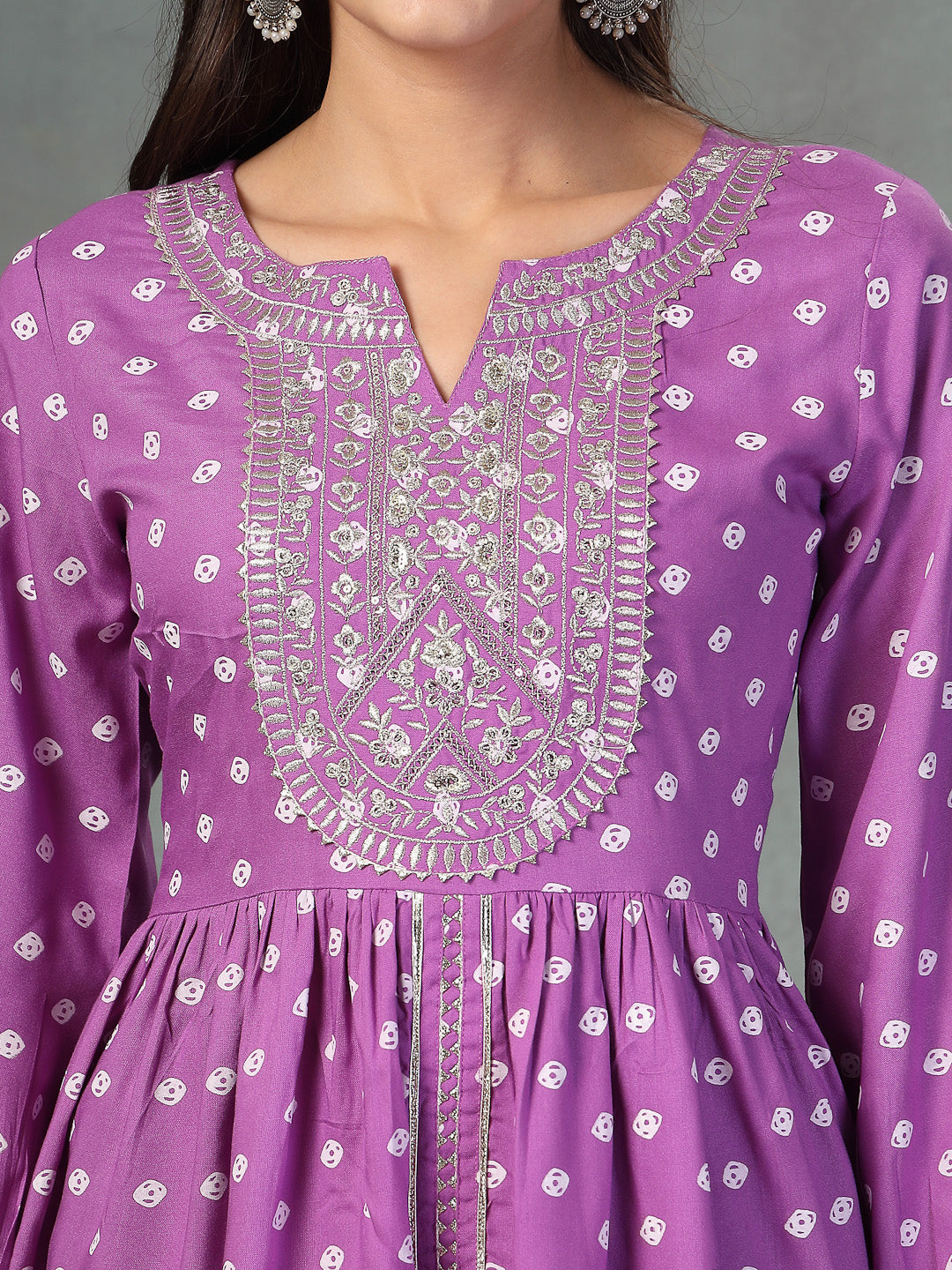 Purple Bandhani Printed & Embroidered Rayon Pleated Kurti with Dhoti Pant & Dupatta Set - Image 6