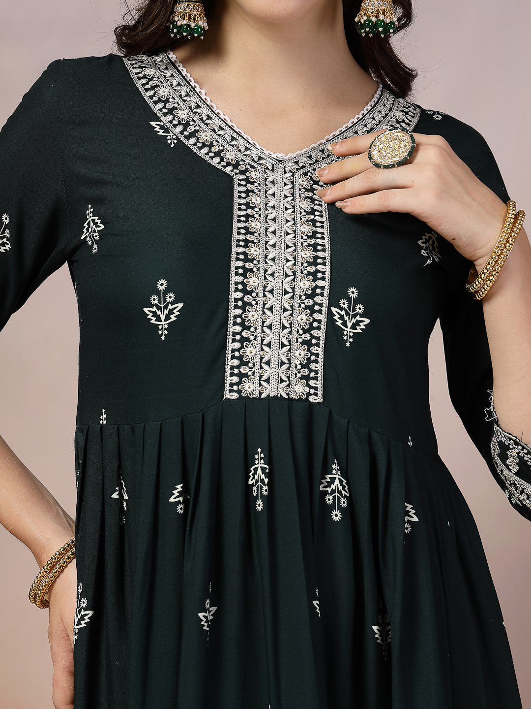 Teal Ethnic Motif Khadi Printed & Embroidered Rayon Flared Kurta Pant Dupatta Set - Image 2