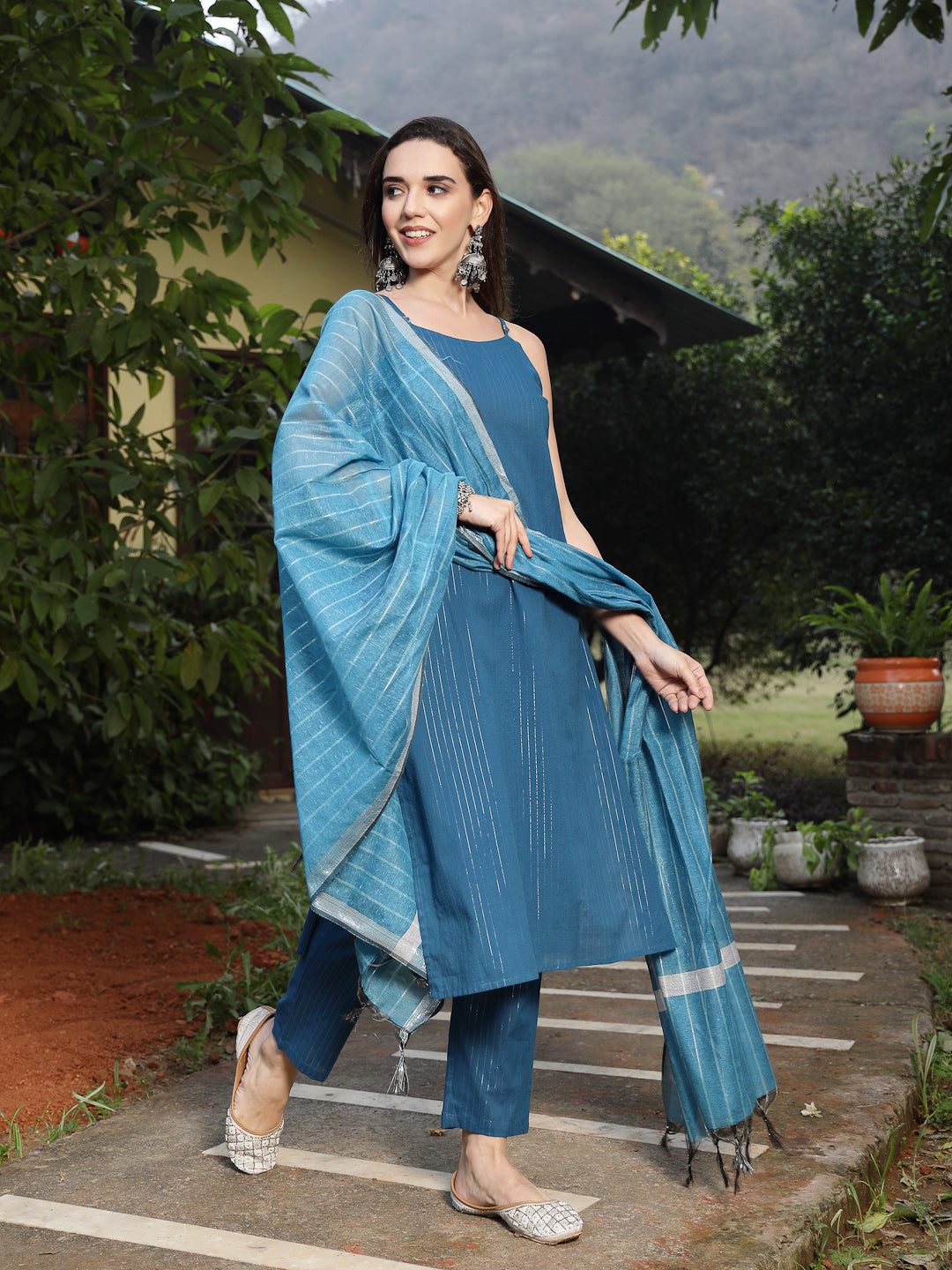 Teal Woven Design Cotton Blend Straight Kurta Pant Dupatta Set - Image 3