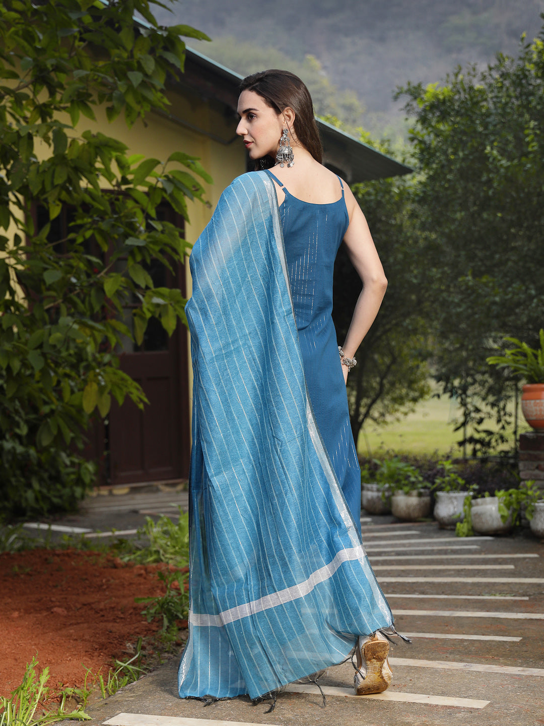 Teal Woven Design Cotton Blend Straight Kurta Pant Dupatta Set - Image 4