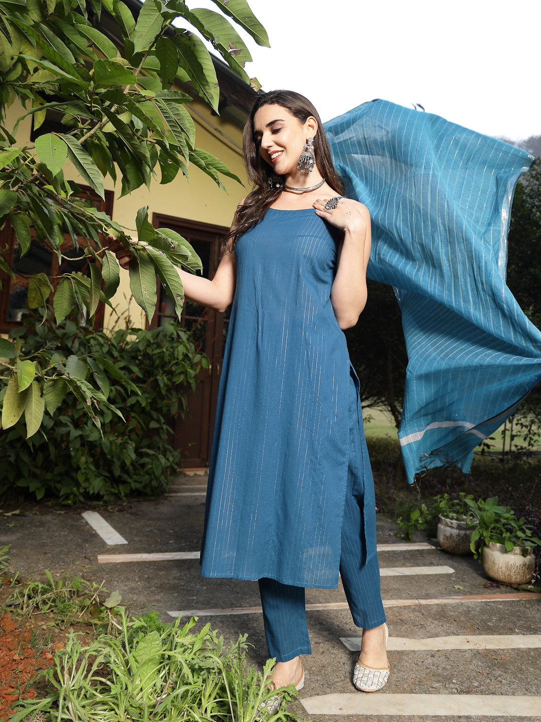Teal Woven Design Cotton Blend Straight Kurta Pant Dupatta Set - Image 5