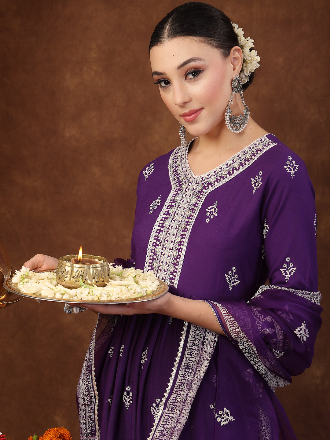 Violet Ethnic Motif Khadi Printed & Embroidered Rayon Flared Kurta Pant Dupatta Set - Image 2