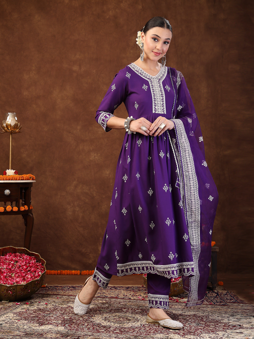 Violet Ethnic Motif Khadi Printed & Embroidered Rayon Flared Kurta Pant Dupatta Set - Image 3