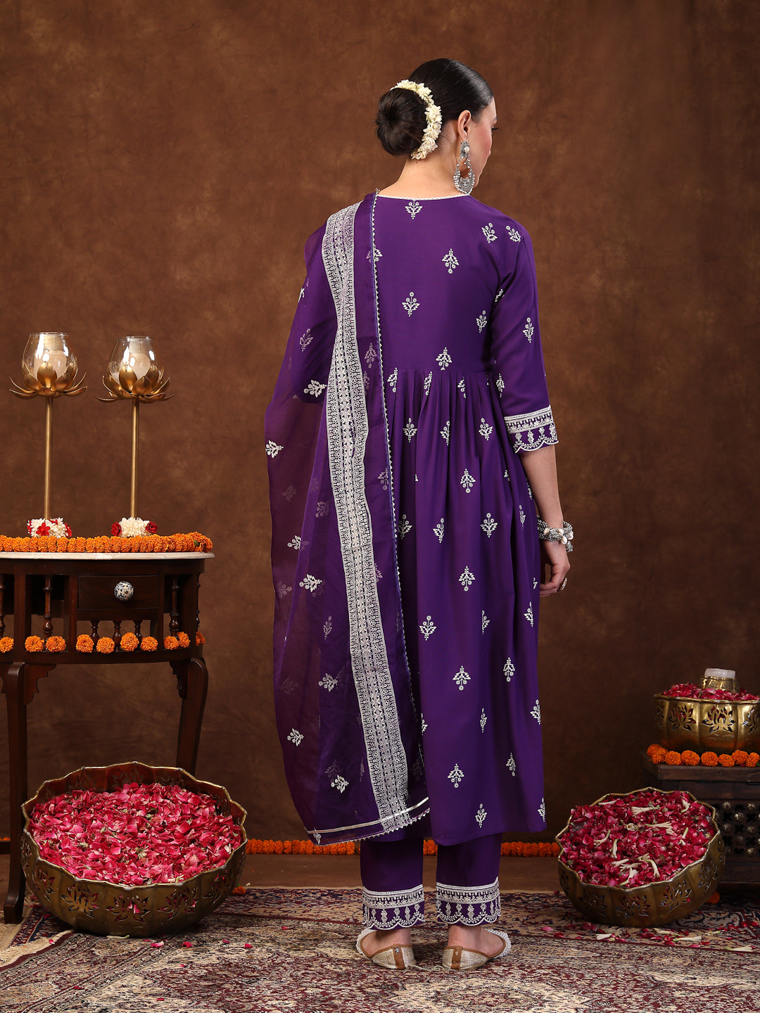 Violet Ethnic Motif Khadi Printed & Embroidered Rayon Flared Kurta Pant Dupatta Set - Image 4