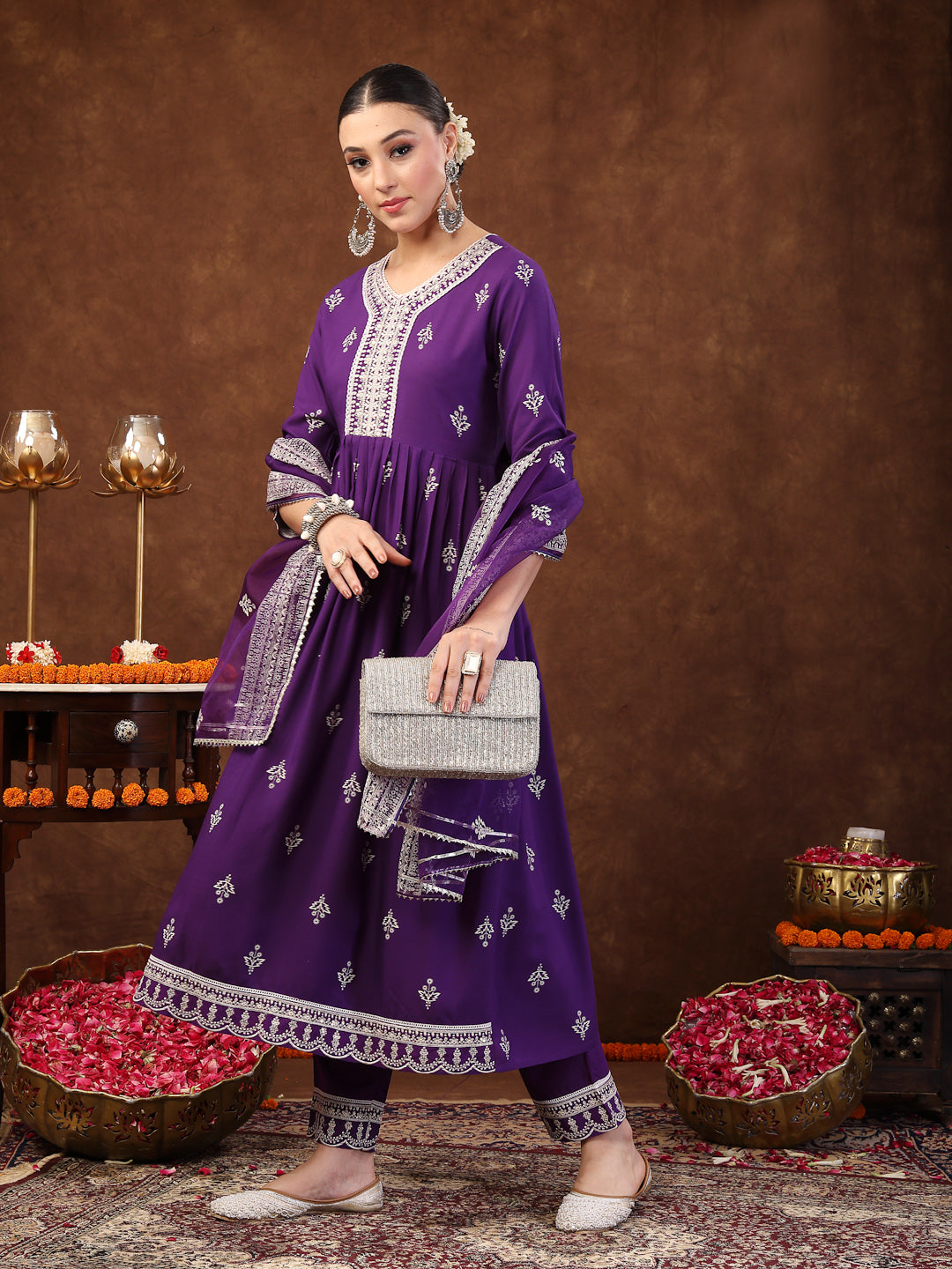 Violet Ethnic Motif Khadi Printed & Embroidered Rayon Flared Kurta Pant Dupatta Set - Image 5