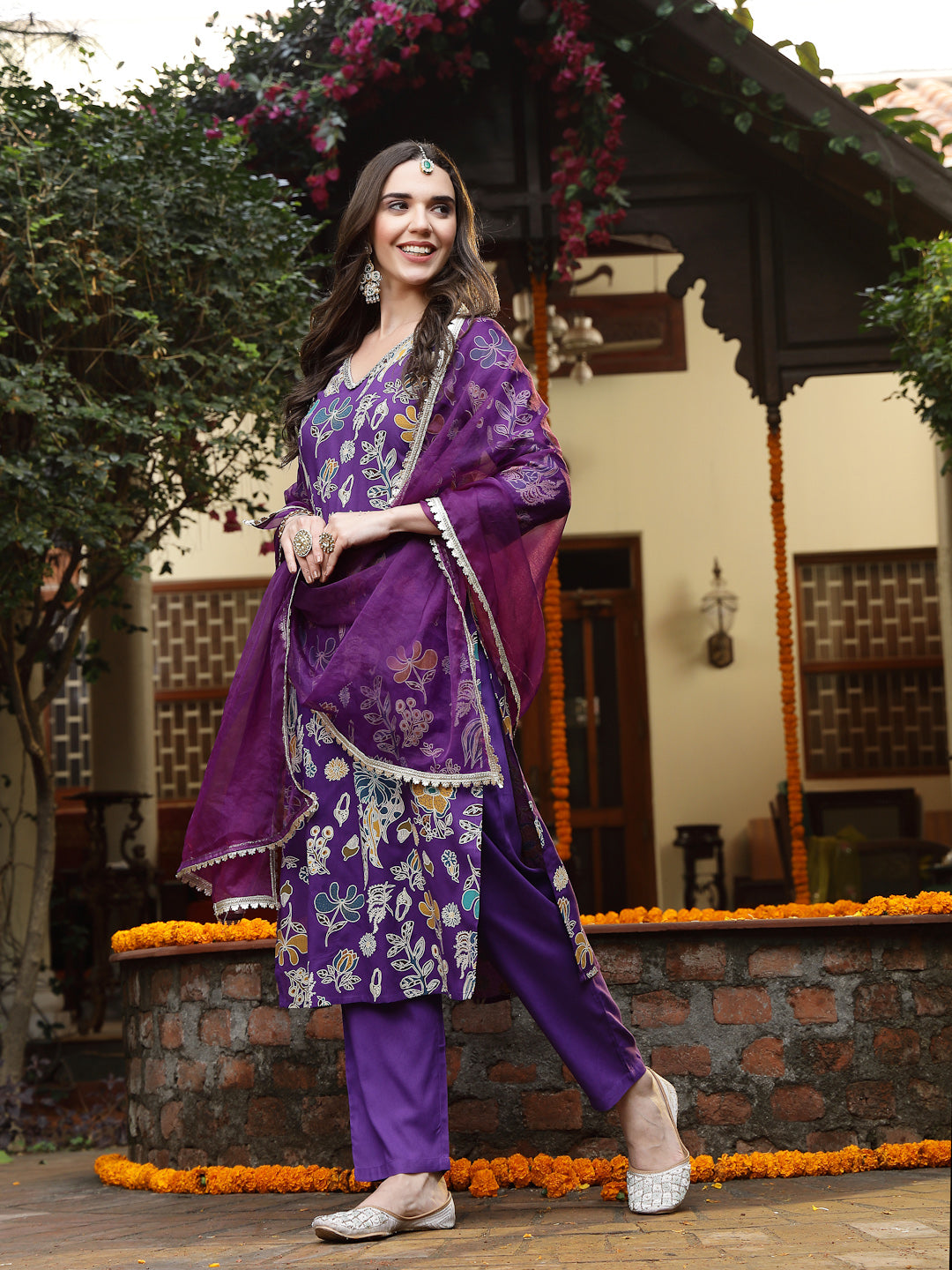 Violet Floral Printed Rayon Straight Kurta Pant Dupatta Set - Image 3
