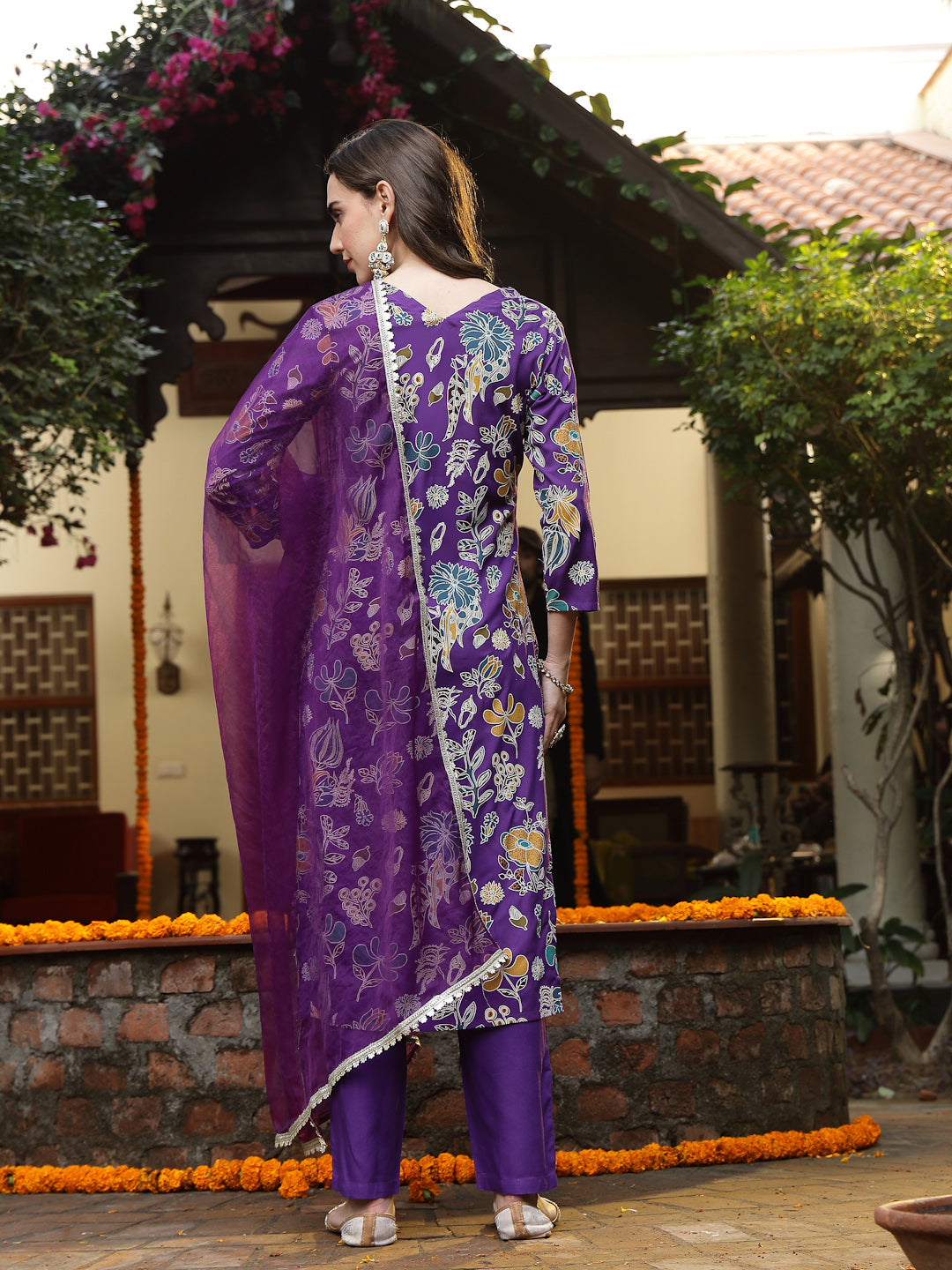Violet Floral Printed Rayon Straight Kurta Pant Dupatta Set - Image 4