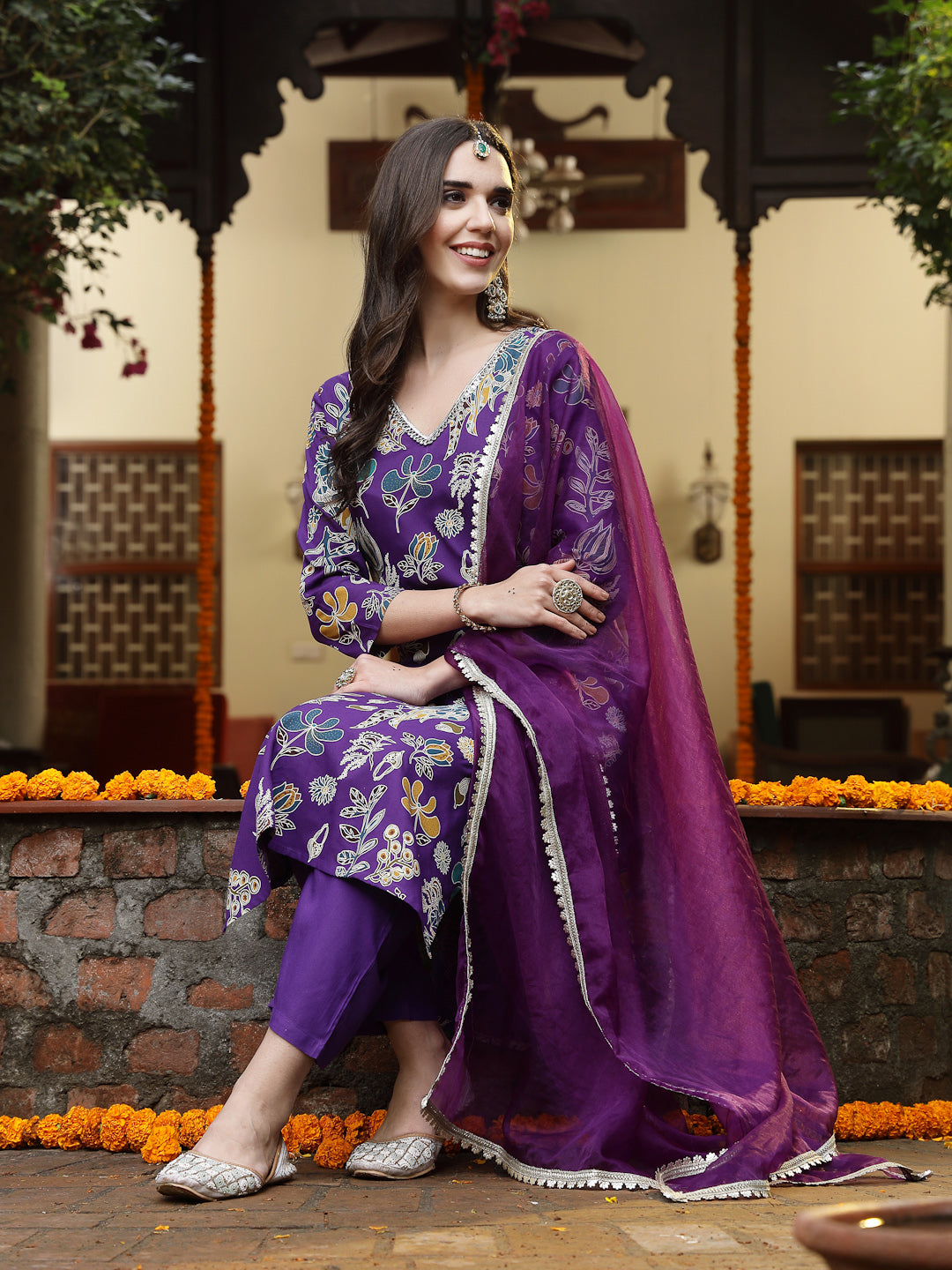 Violet Floral Printed Rayon Straight Kurta Pant Dupatta Set - Image 5