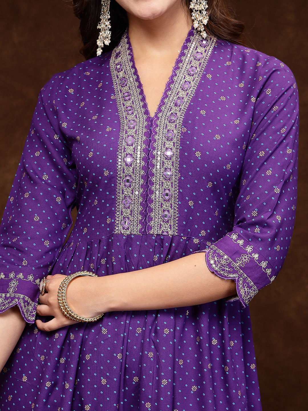 Violet Bandhani Printed & Embroidered Rayon Flared Kurta Pant Dupatta Set - Image 2