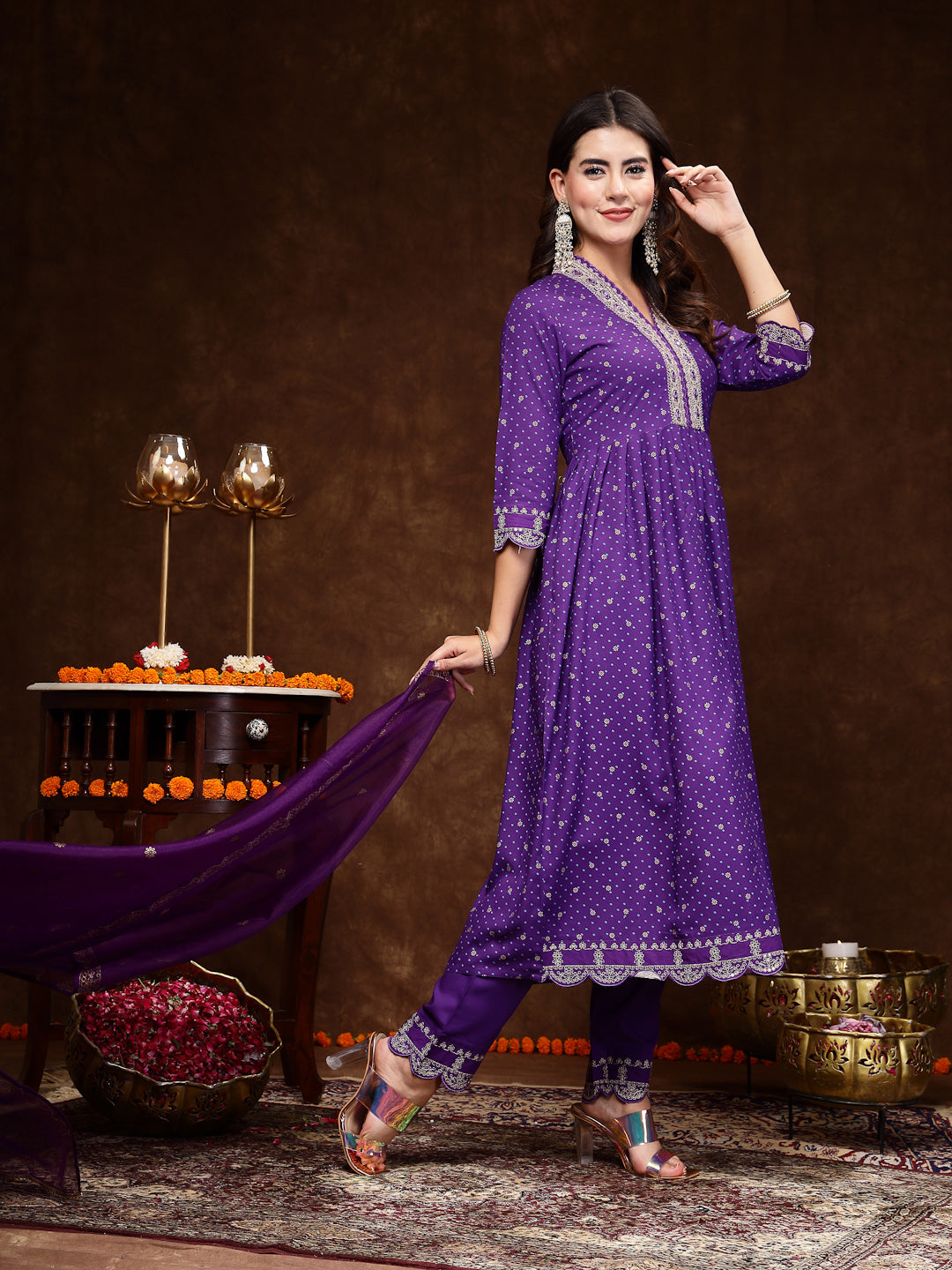 Violet Bandhani Printed & Embroidered Rayon Flared Kurta Pant Dupatta Set - Image 3