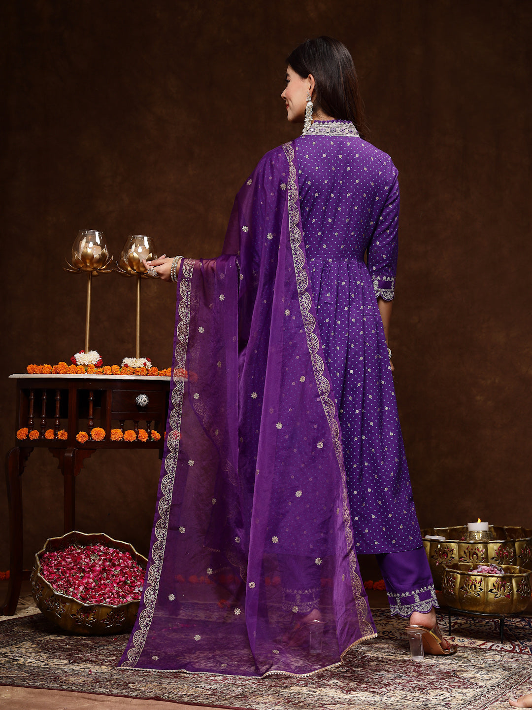 Violet Bandhani Printed & Embroidered Rayon Flared Kurta Pant Dupatta Set - Image 4