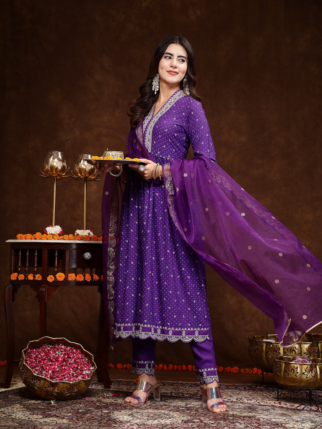Violet Bandhani Printed & Embroidered Rayon Flared Kurta Pant Dupatta Set - Image 5