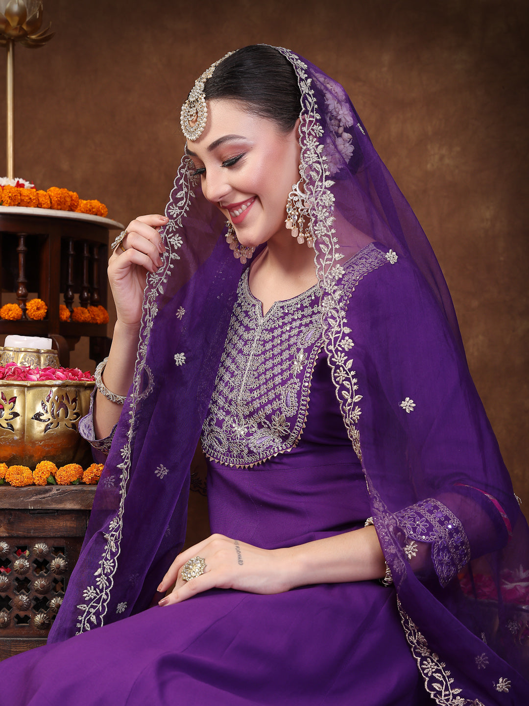 Violet Solid & Embroidered Rayon Anarkali Kurta Pant Dupatta Set - Image 3