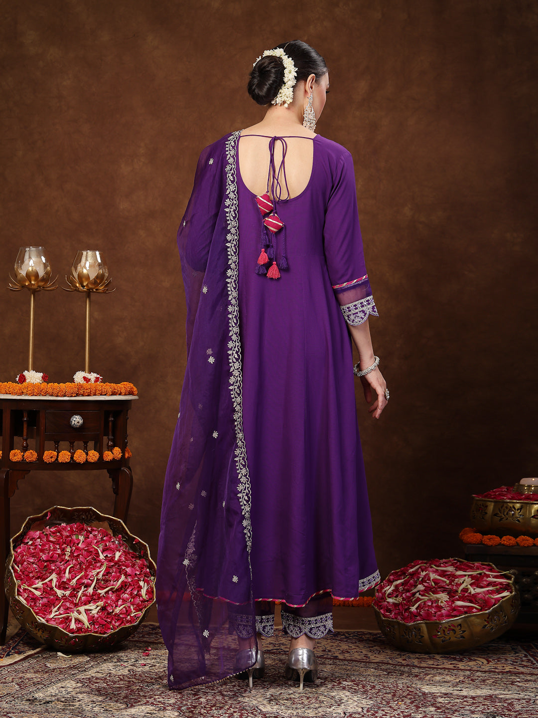 Violet Solid & Embroidered Rayon Anarkali Kurta Pant Dupatta Set - Image 2