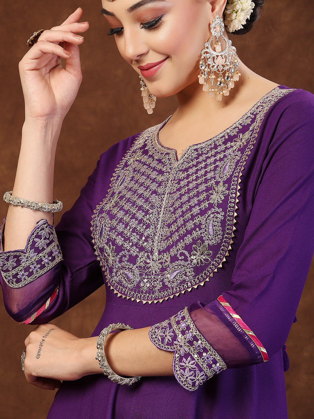 Violet Solid & Embroidered Rayon Anarkali Kurta Pant Dupatta Set - Image 4