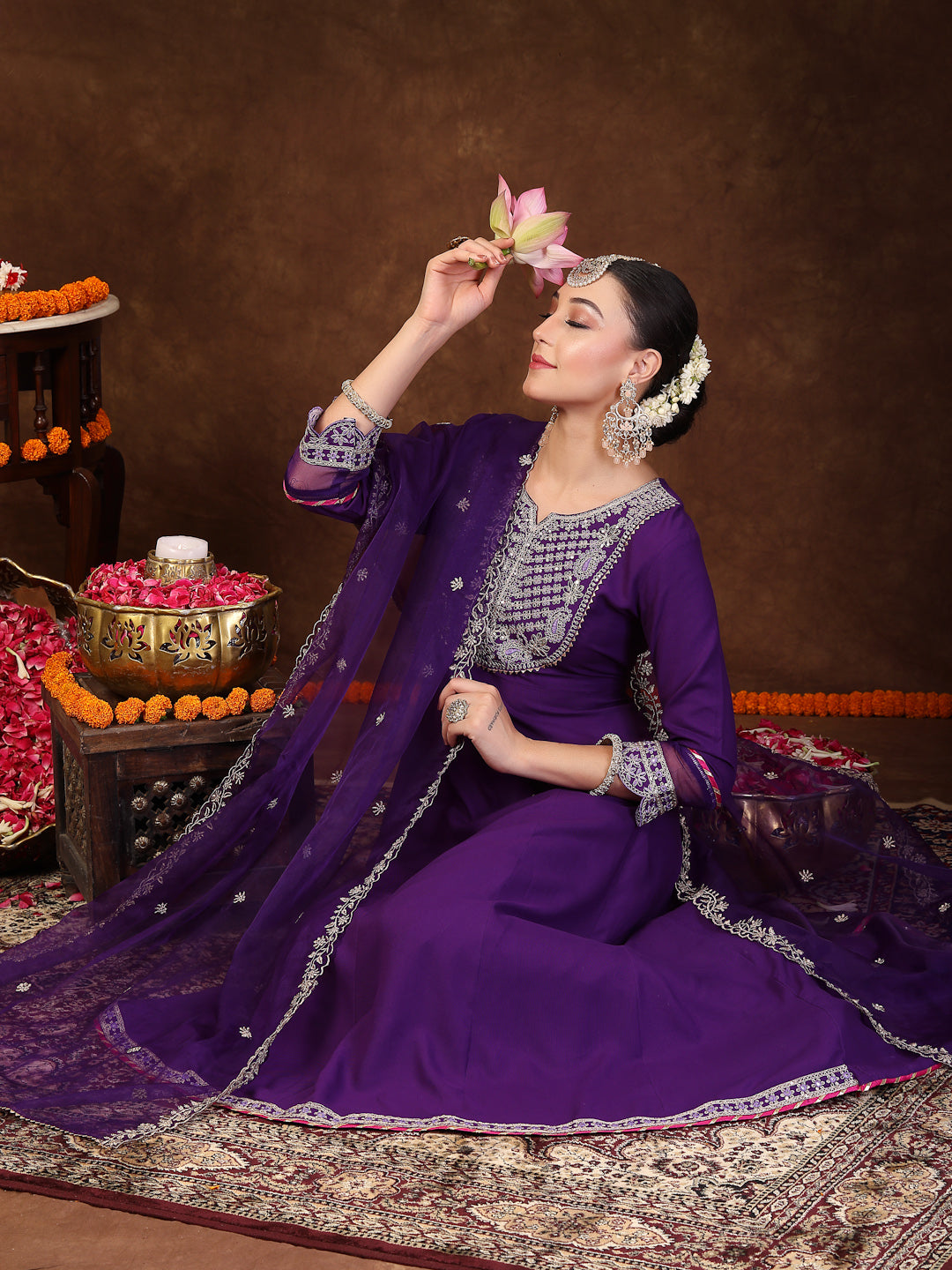 Violet Solid & Embroidered Rayon Anarkali Kurta Pant Dupatta Set - Image 5