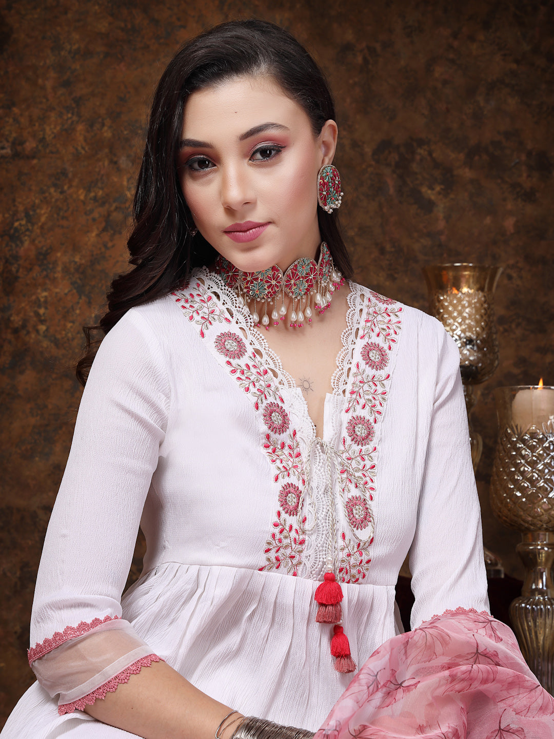 White Solid & Embroidered Italian Crush Anarkali Kurta Pant Dupatta Set - Image 2