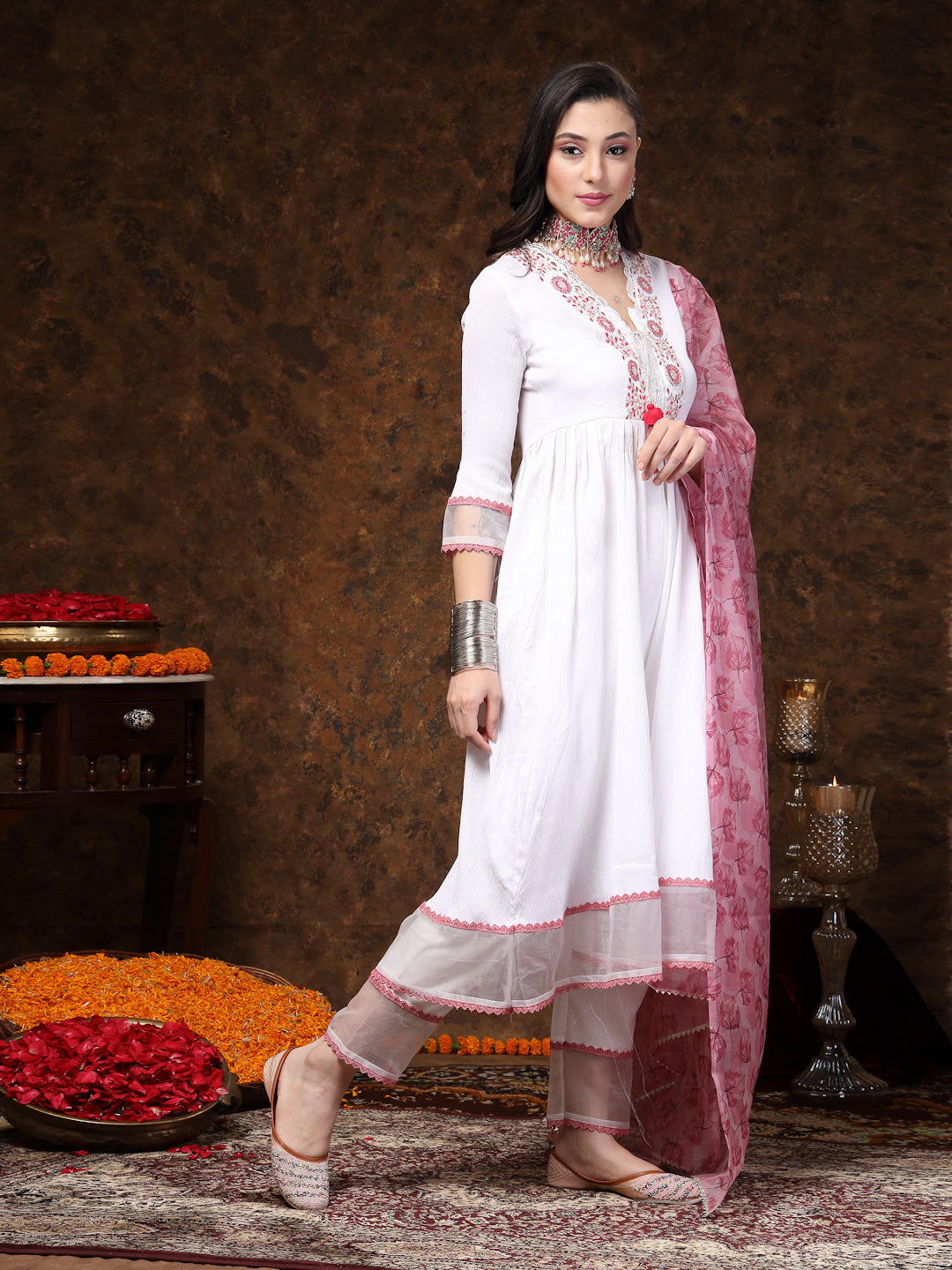 White Solid & Embroidered Italian Crush Anarkali Kurta Pant Dupatta Set - Image 3