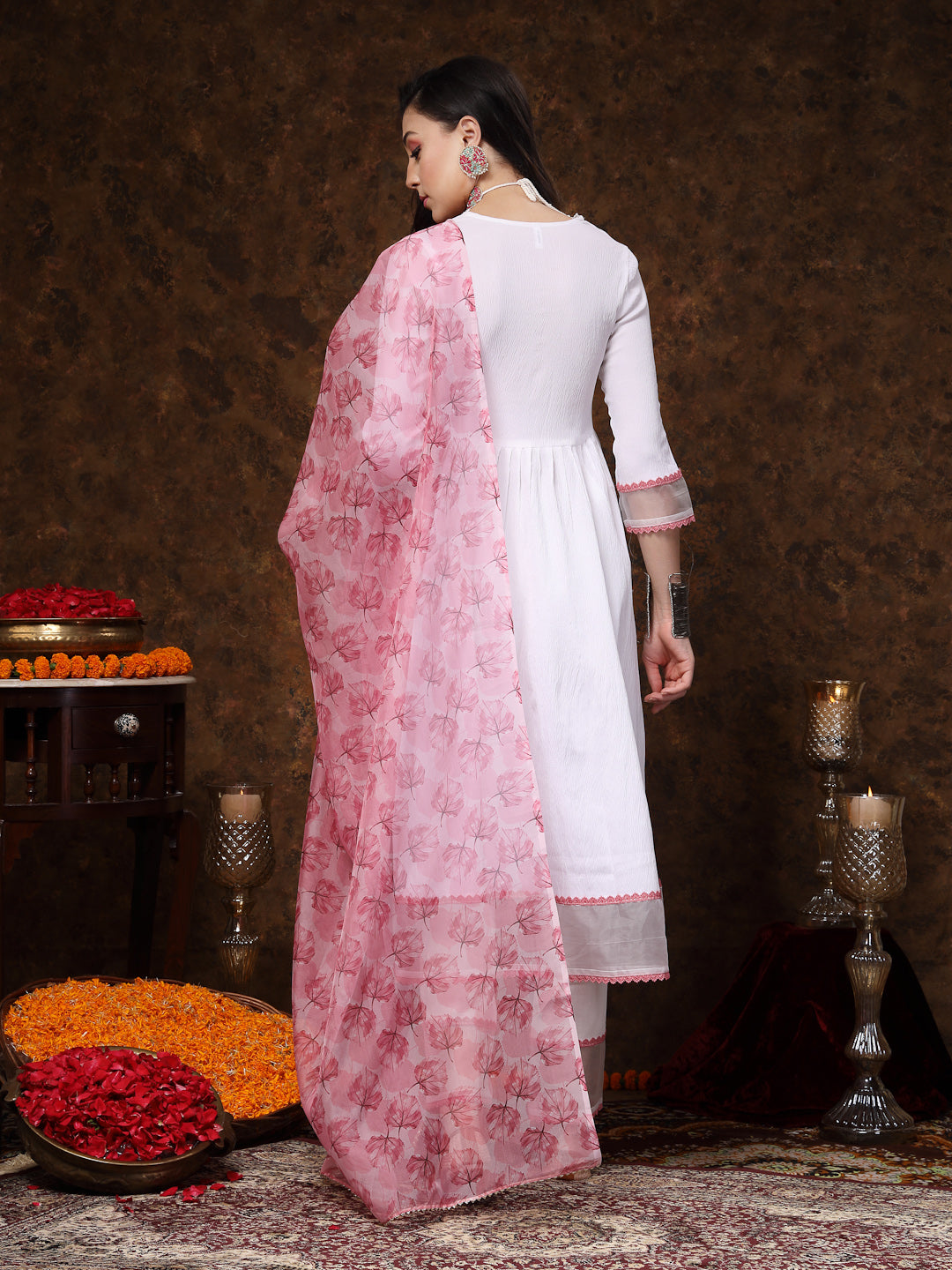 White Solid & Embroidered Italian Crush Anarkali Kurta Pant Dupatta Set - Image 4