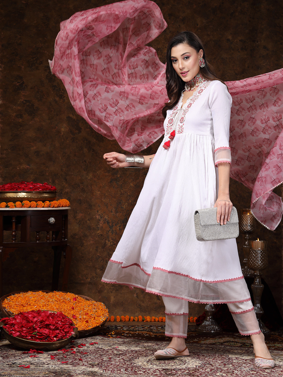 White Solid & Embroidered Italian Crush Anarkali Kurta Pant Dupatta Set - Image 5