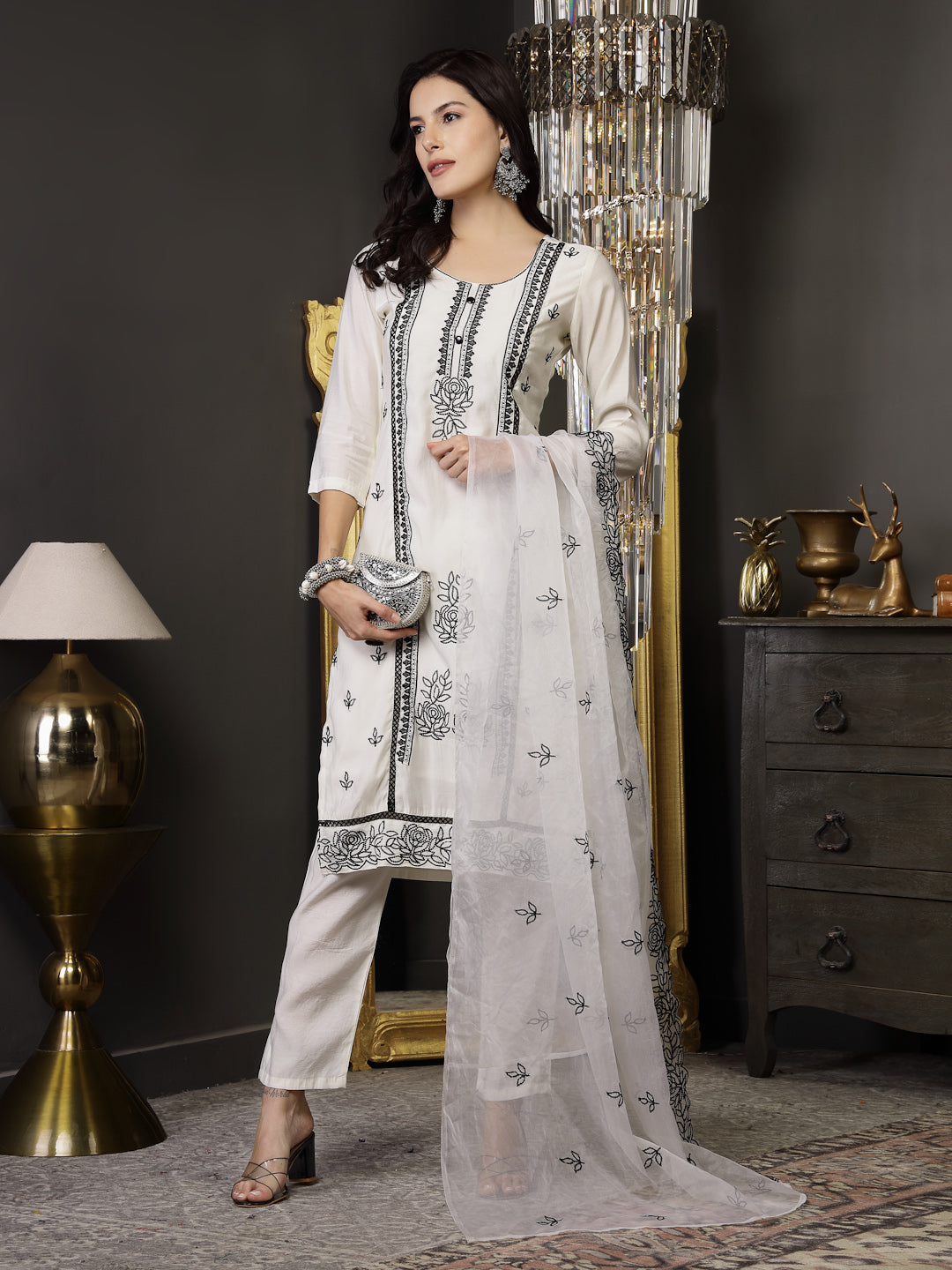 White Pakistani Solid & Embroidered Silk Blend Straight Kurta Pant Dupatta - Image 5