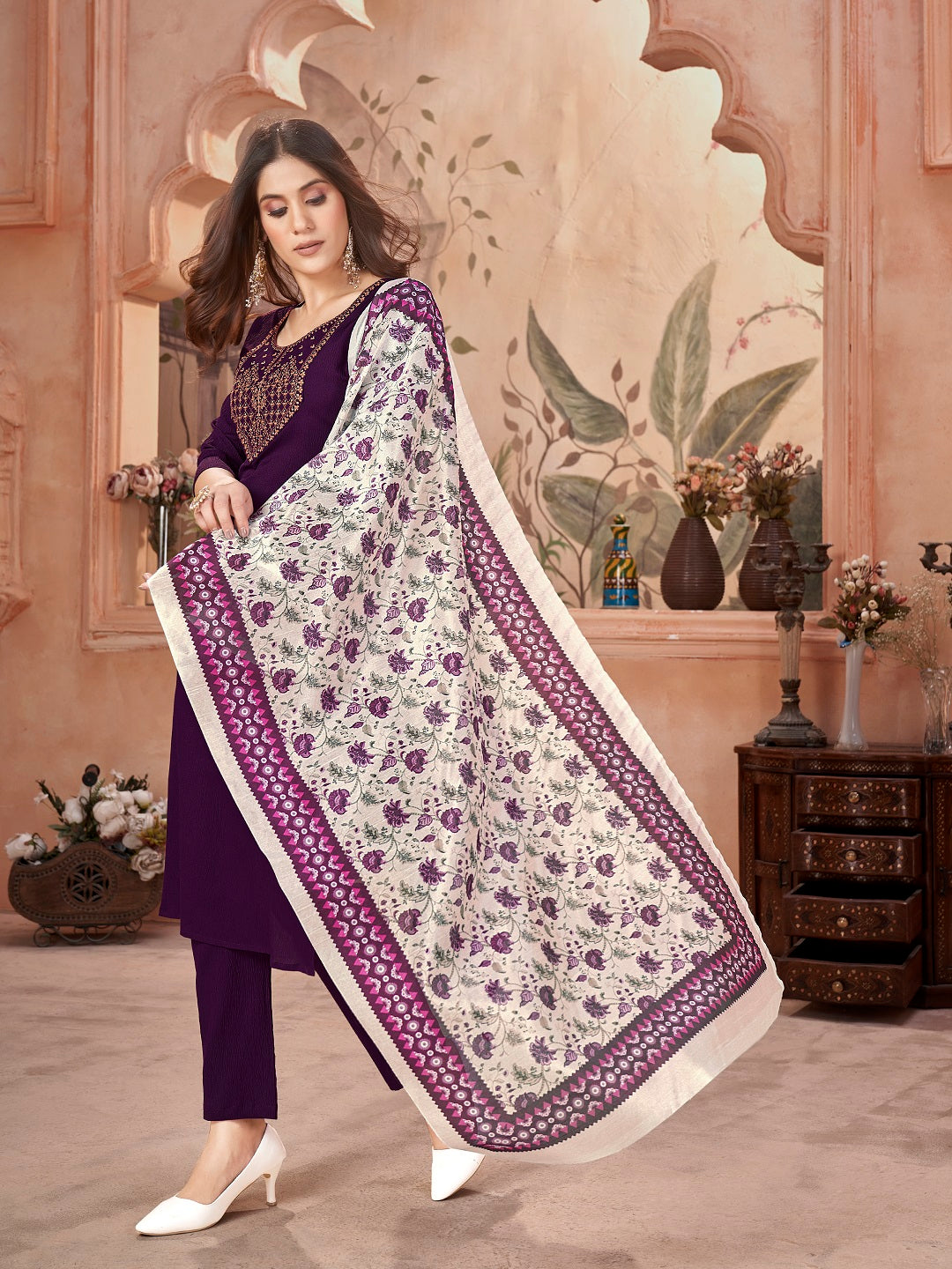 Violet Solid & Embroidered Crepe Straight Kurta Pant Dupatta Set - Image 3