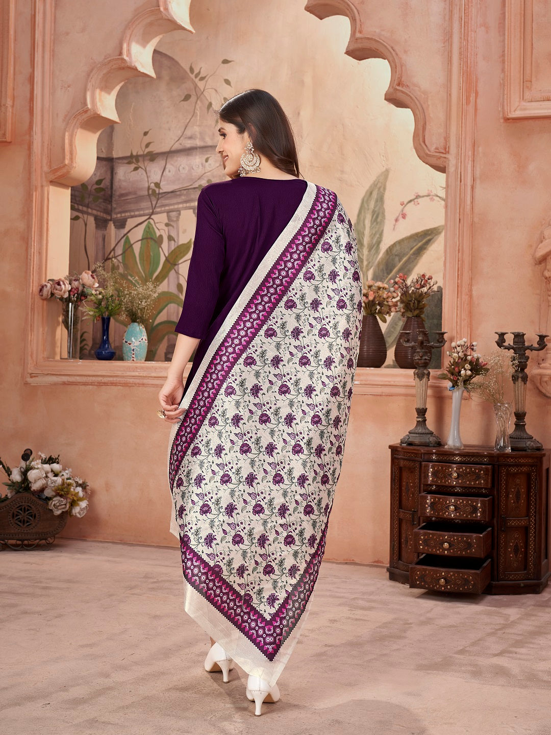 Violet Solid & Embroidered Crepe Straight Kurta Pant Dupatta Set - Image 4