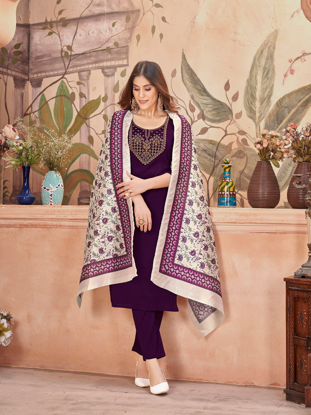 Violet Solid & Embroidered Crepe Straight Kurta Pant Dupatta Set - Image 5