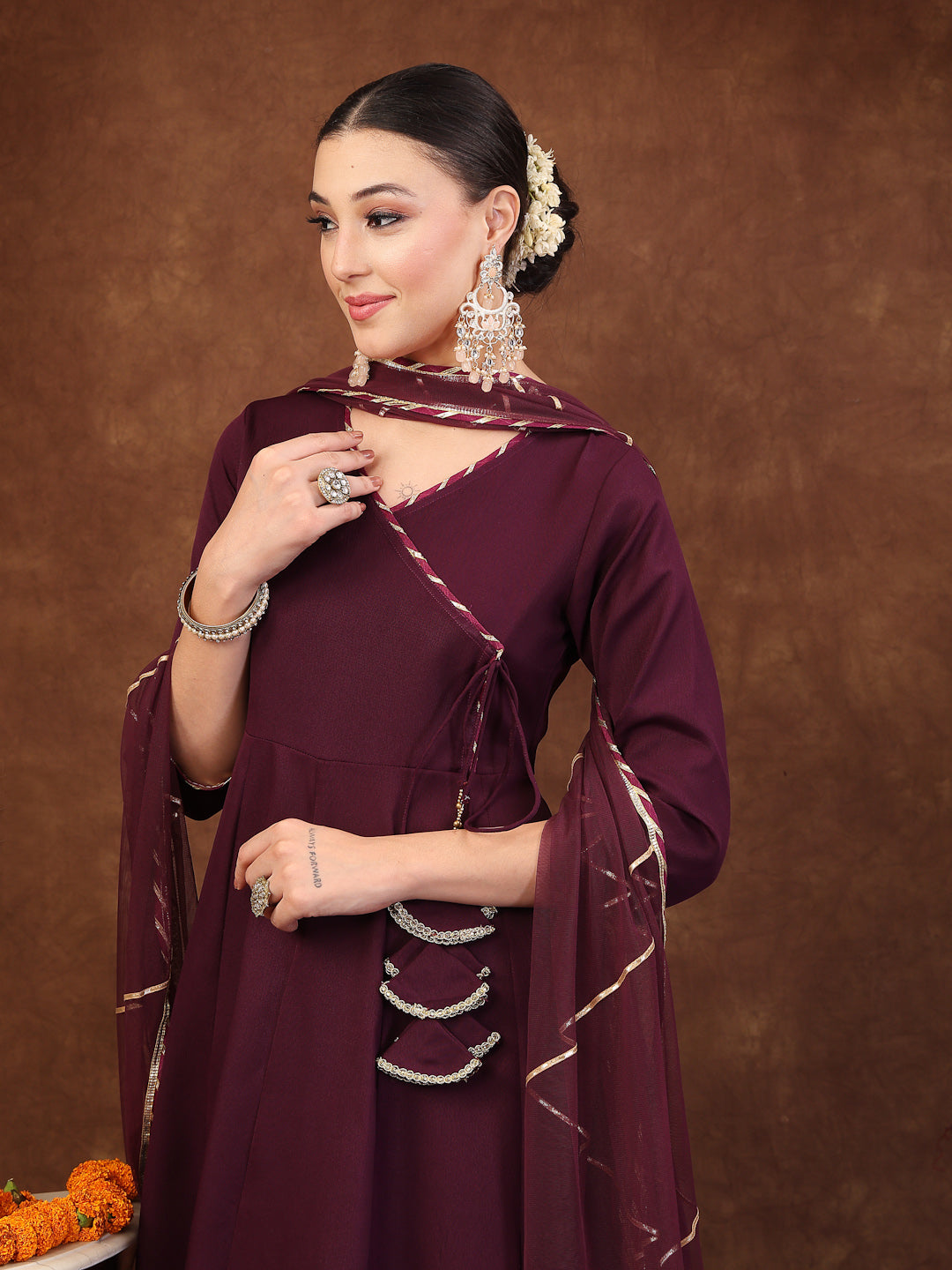 Wine Solid Italian Crush Anarkali Kurta Pant Dupatta Set - Image 2