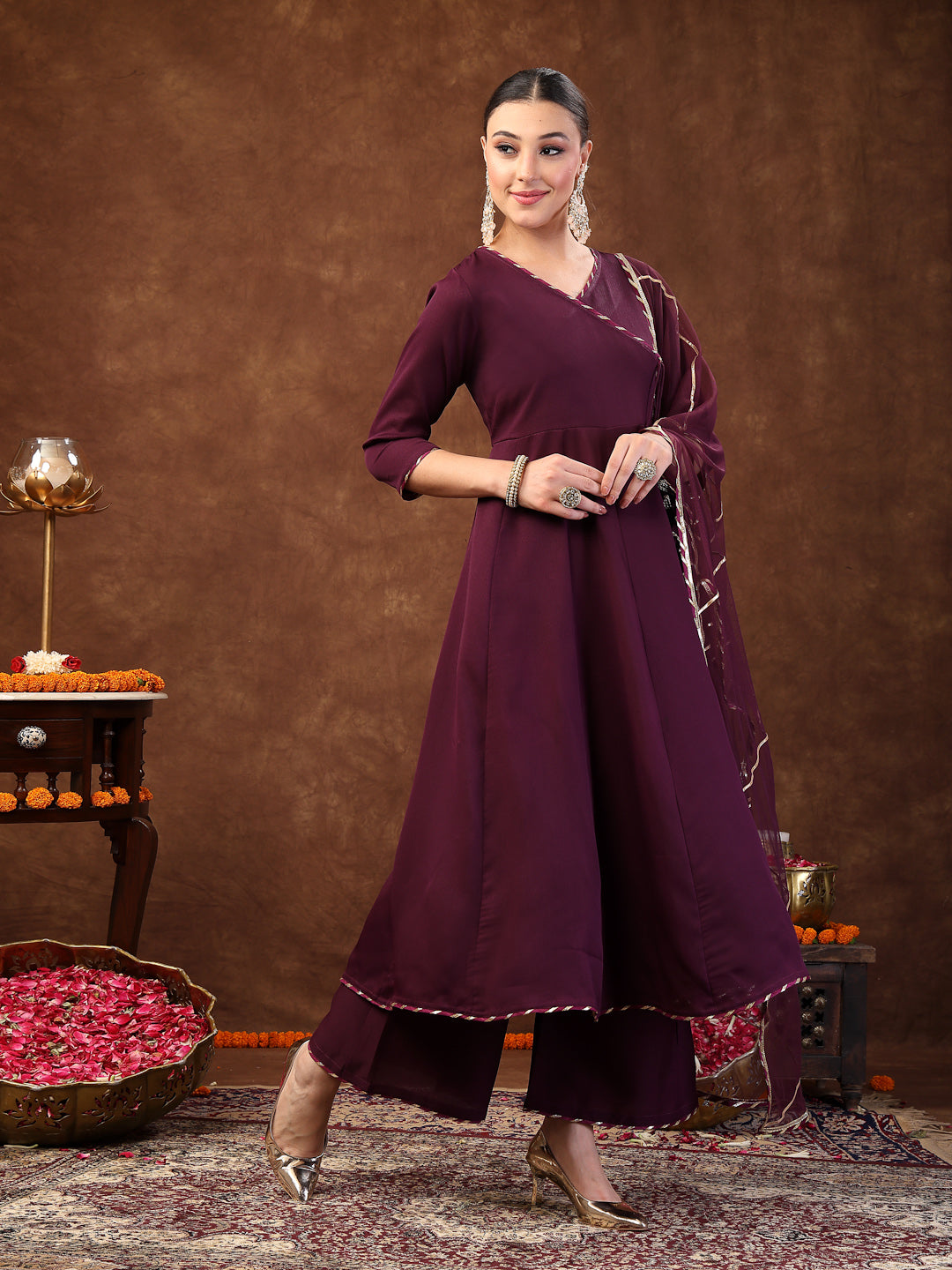 Wine Solid Italian Crush Anarkali Kurta Pant Dupatta Set - Image 3