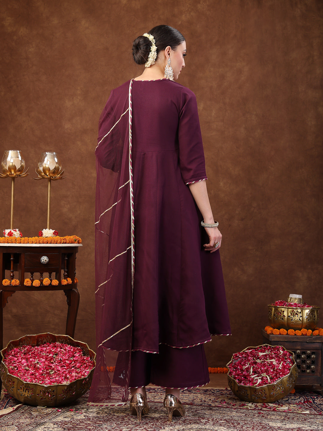 Wine Solid Italian Crush Anarkali Kurta Pant Dupatta Set - Image 4