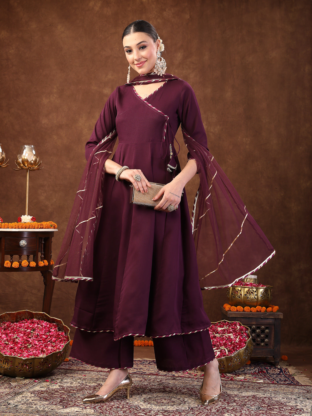 Wine Solid Italian Crush Anarkali Kurta Pant Dupatta Set - Image 5