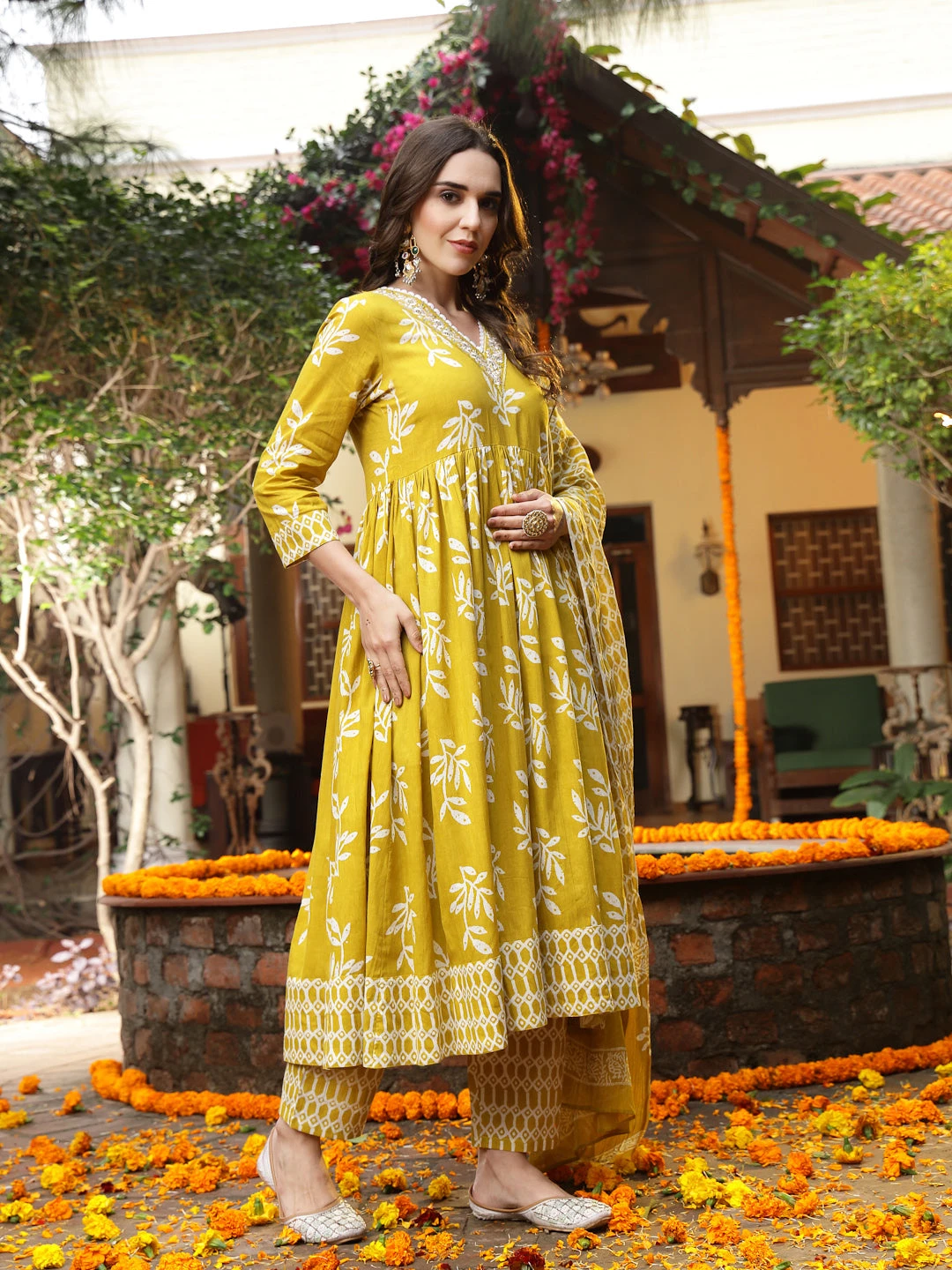 Yellow Floral Printed Cotton Anarkali Kurta Pant Dupatta Set - Image 3