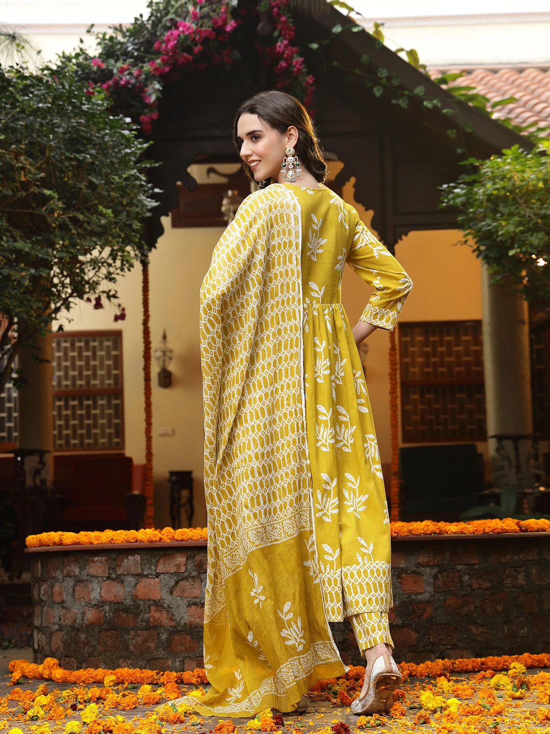 Yellow Floral Printed Cotton Anarkali Kurta Pant Dupatta Set - Image 4