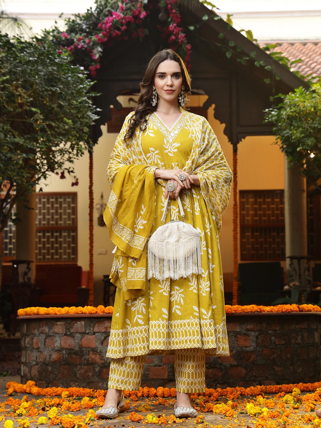 Yellow Floral Printed Cotton Anarkali Kurta Pant Dupatta Set - Image 5