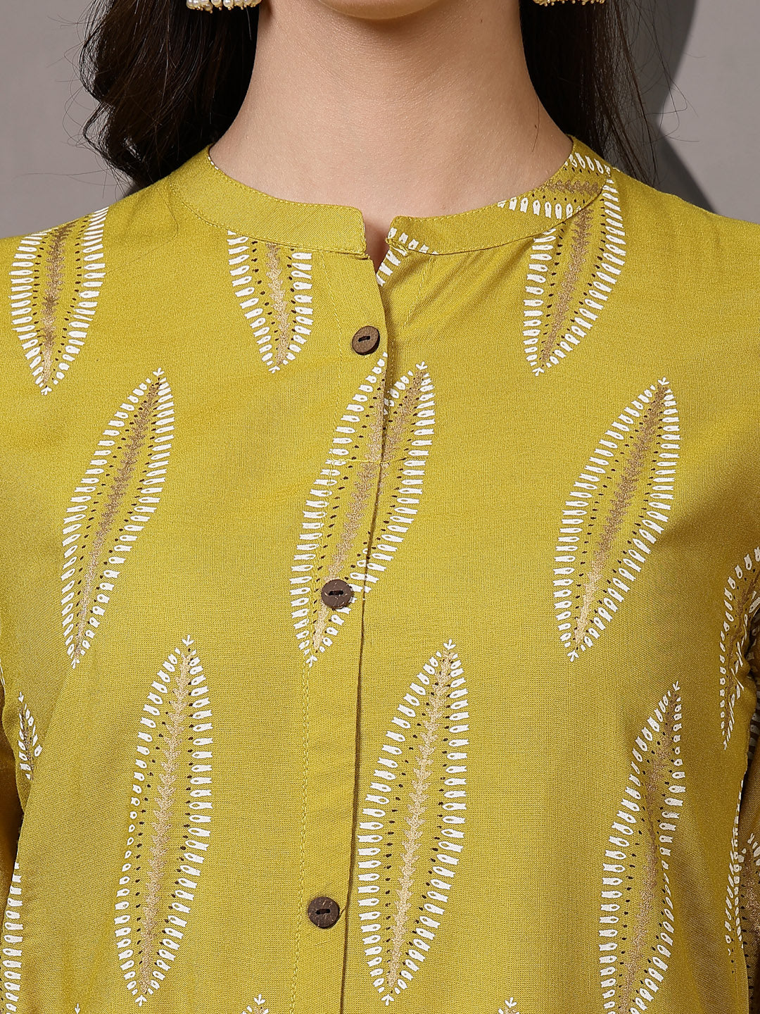 Mustard Printed Rayon A-Line Kurta Pant Set - Image 6