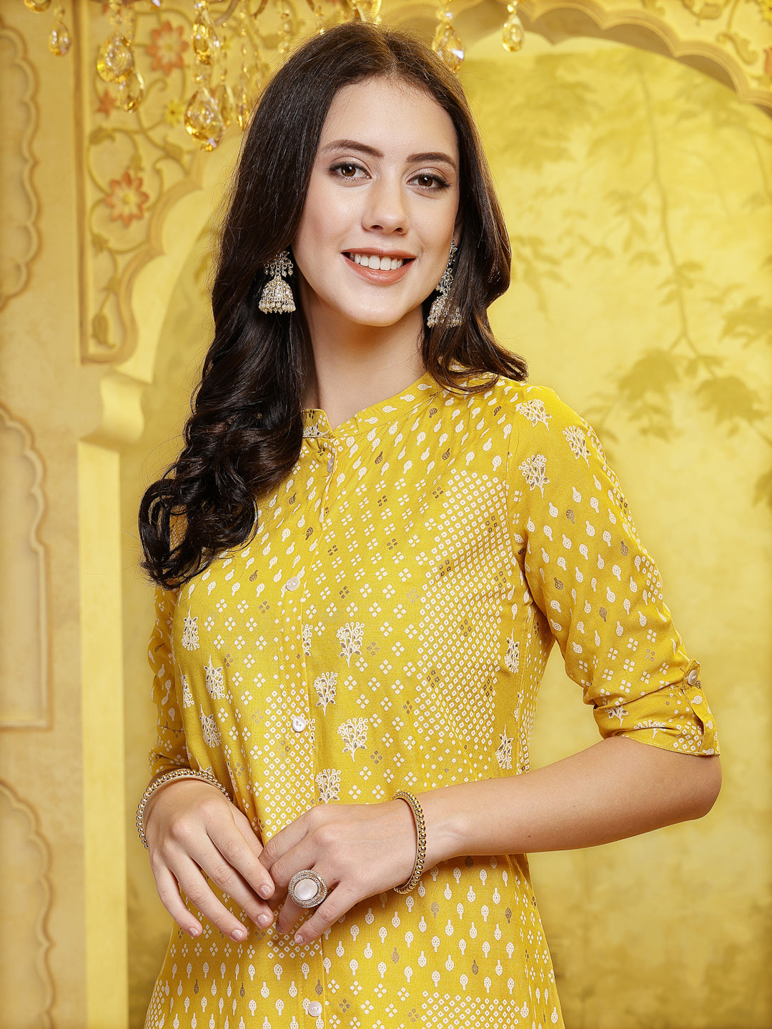 Mustard Printed Rayon A-Line Kurta Pant Set - Image 2
