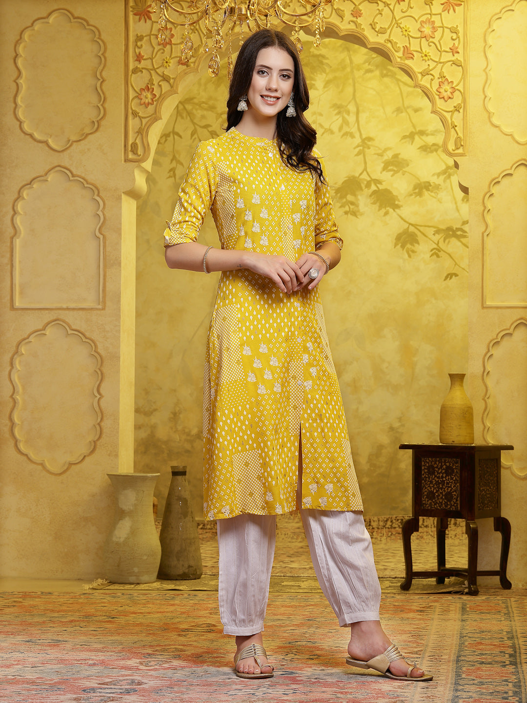 Mustard Printed Rayon A-Line Kurta Pant Set - Image 3