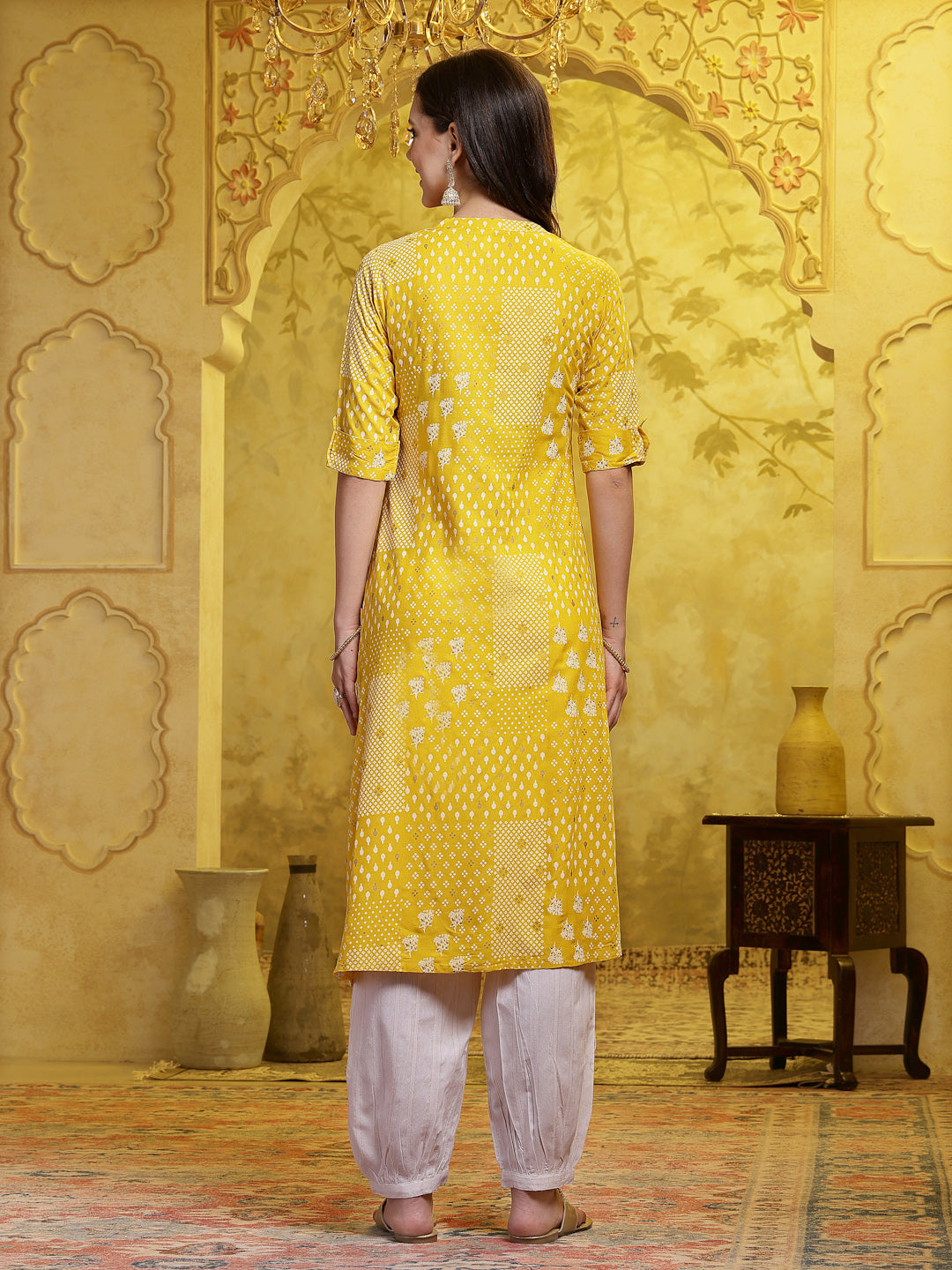 Mustard Printed Rayon A-Line Kurta Pant Set - Image 4