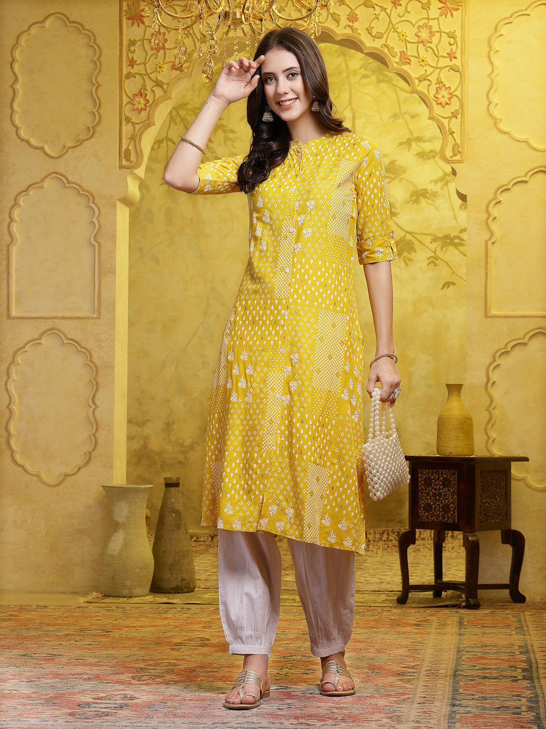 Mustard Printed Rayon A-Line Kurta Pant Set - Image 5