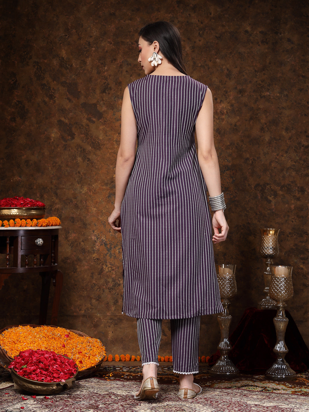 Purple Embroidered Cotton Blend Straight Kurta Pant Set - Image 4